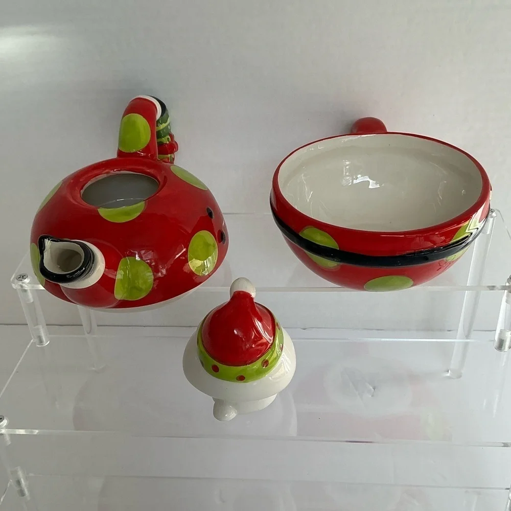 Vintage Santa Teapot Tea For One Holiday Red Green Polka Dot Crackle Barrel
